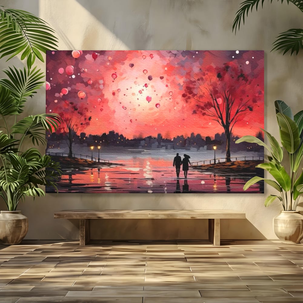 Tablou canvas cu tablou canvas cuplu pe faleza la apus rosu, fara rama, pe sasiu de lemn